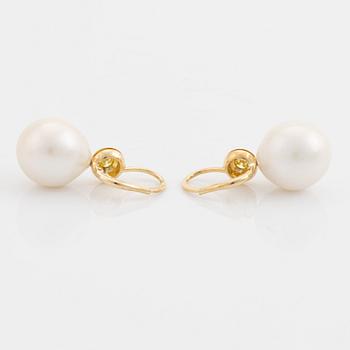 Freshwater pearl and colour treated yellow diamond earrings.