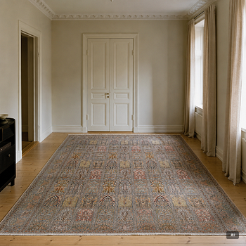 A Kashmir silk carpet, 418 x 297 cm.