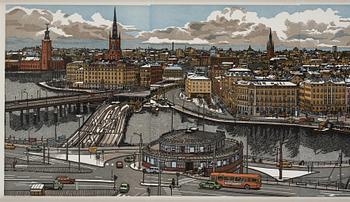 SVENOLOV EHRÉN, färgträsnitt, samramade motiv över slussen. 225/360.