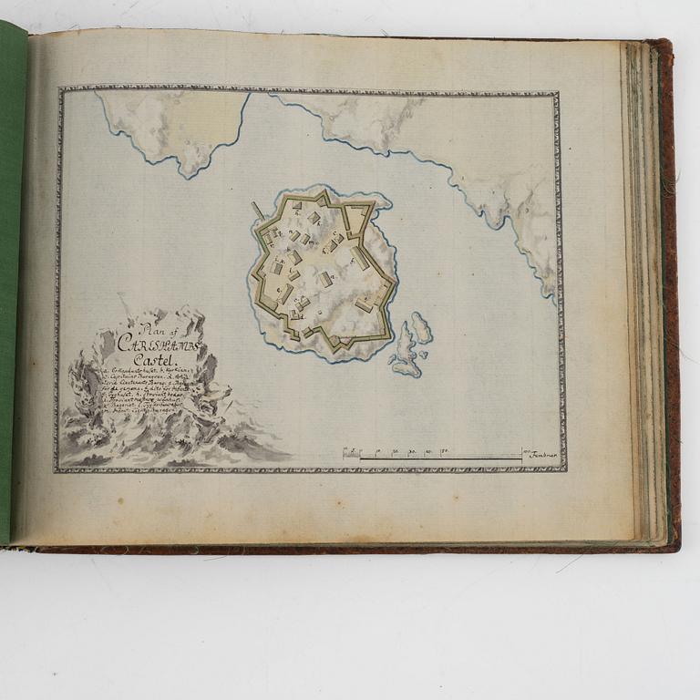 Album från 1746 med 22 akvareller över fästningar, gåva av Gabriel Cronstedt till tronföljaren Adolf Fredrik.
