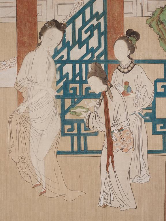Tang Yin After, A lady of the court doing her 'morning toilette' attended by her servants.