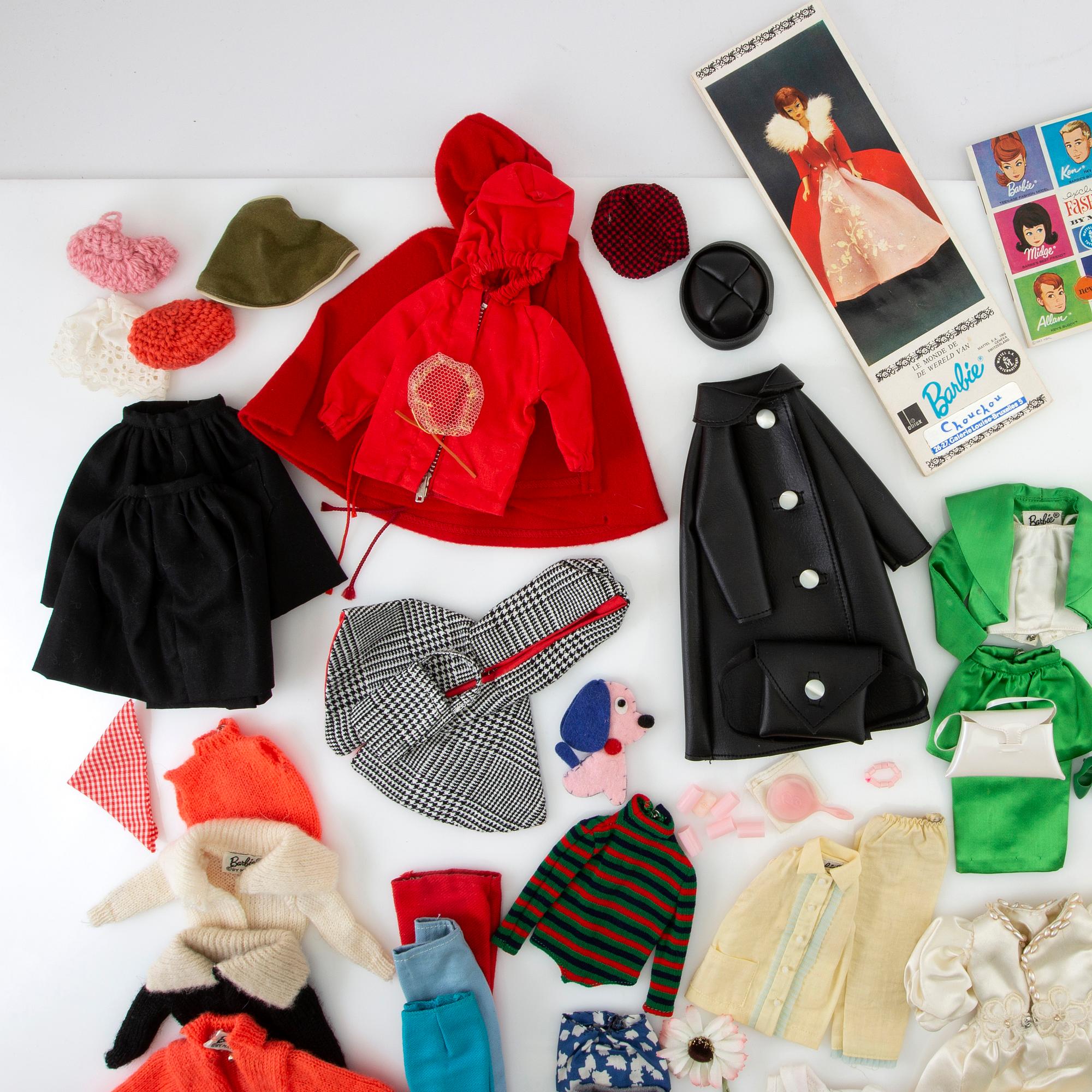 Barbie wardrobe along with clothes and accessories, 1960s, including "Theatre date" 1964.