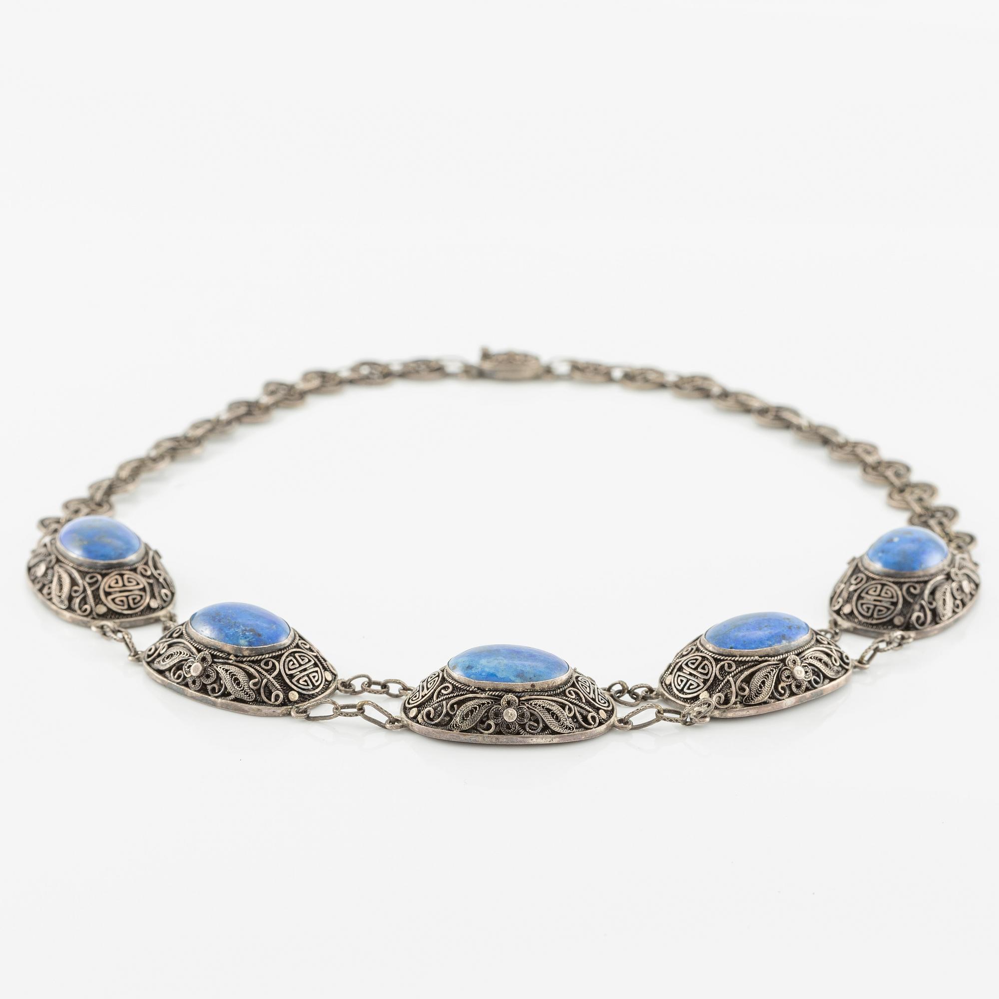 Necklace and earrings, silver with lapis lazuli.