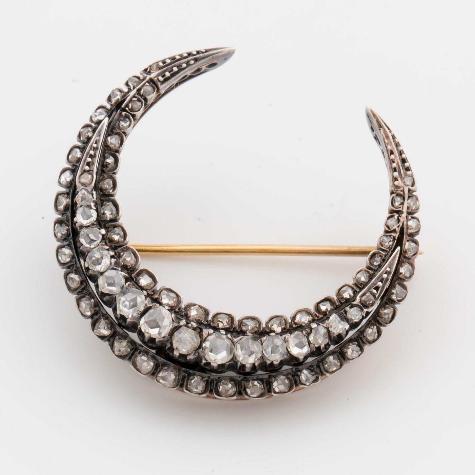 BROSCH, SILVER, GULD, besatt med rosenslipade diamanter,