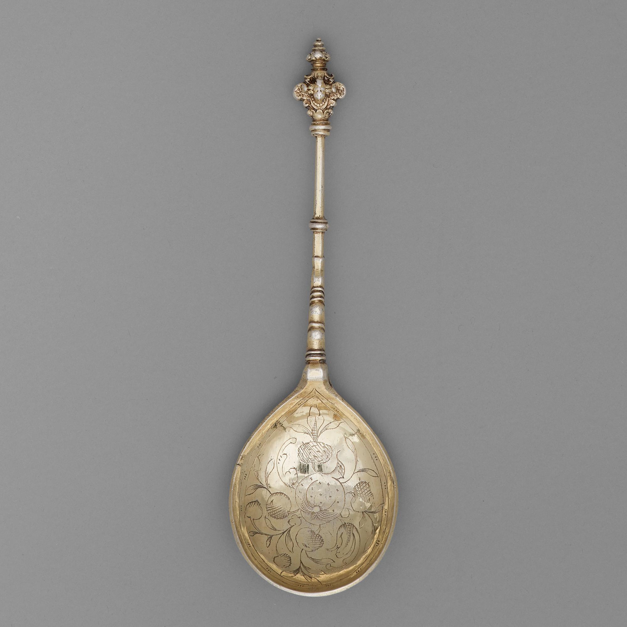 Michel Beck, sked med dubbel kerubknopp, silver, Stockholm 1630-1673, renässans.