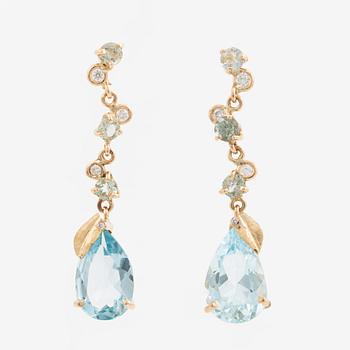 Earrings, Mandelstam, 18K gold with drop-cut blue topazes, tourmalines, and brilliant-cut diamonds.