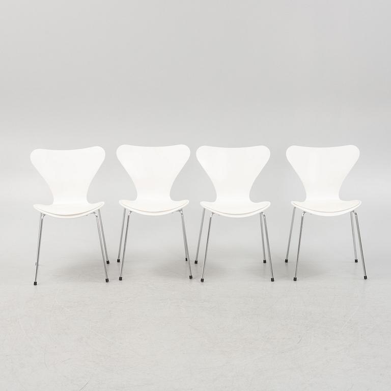 Arne Jacobsen, four 'Seven' chairs, Fritz Hansen, Denmark.
