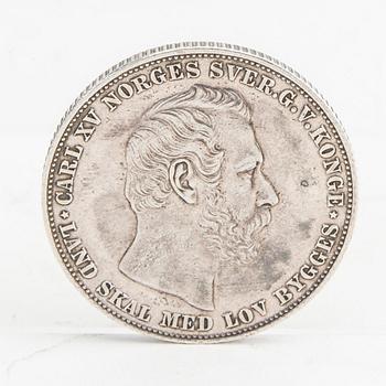 Mynt silver Norge, 1 Speciedaler, 1865, Karl XV kung av Norge och Sverige.