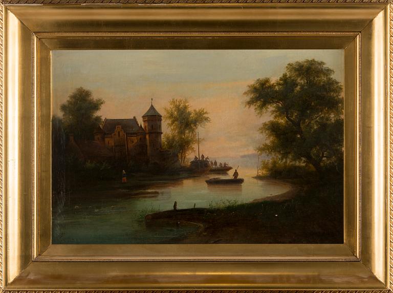 Skymningslandskap med figurstaffage.