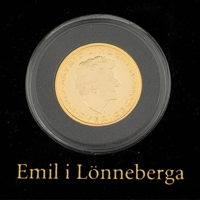 Astrid Lindgren, minnesmynt, 3 st, guld, 2004.