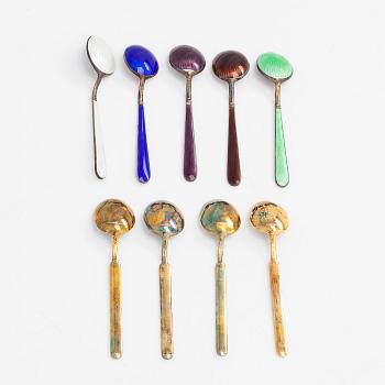 Tillander, sixteen enamelled and gilded silver coffee spoons, Helsinki 1952-65. Twelve in original box.