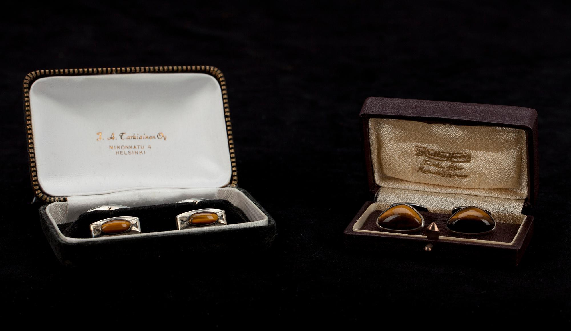 MANSCHETTKNAPPAR, 2 par, silver och tigeröga. Finska stämplar 1961, 1963.