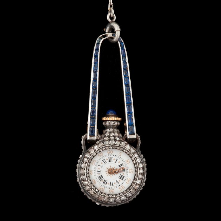 A sapphre and rose-cut diamond necklace with a watch pendant. Probably Russian.