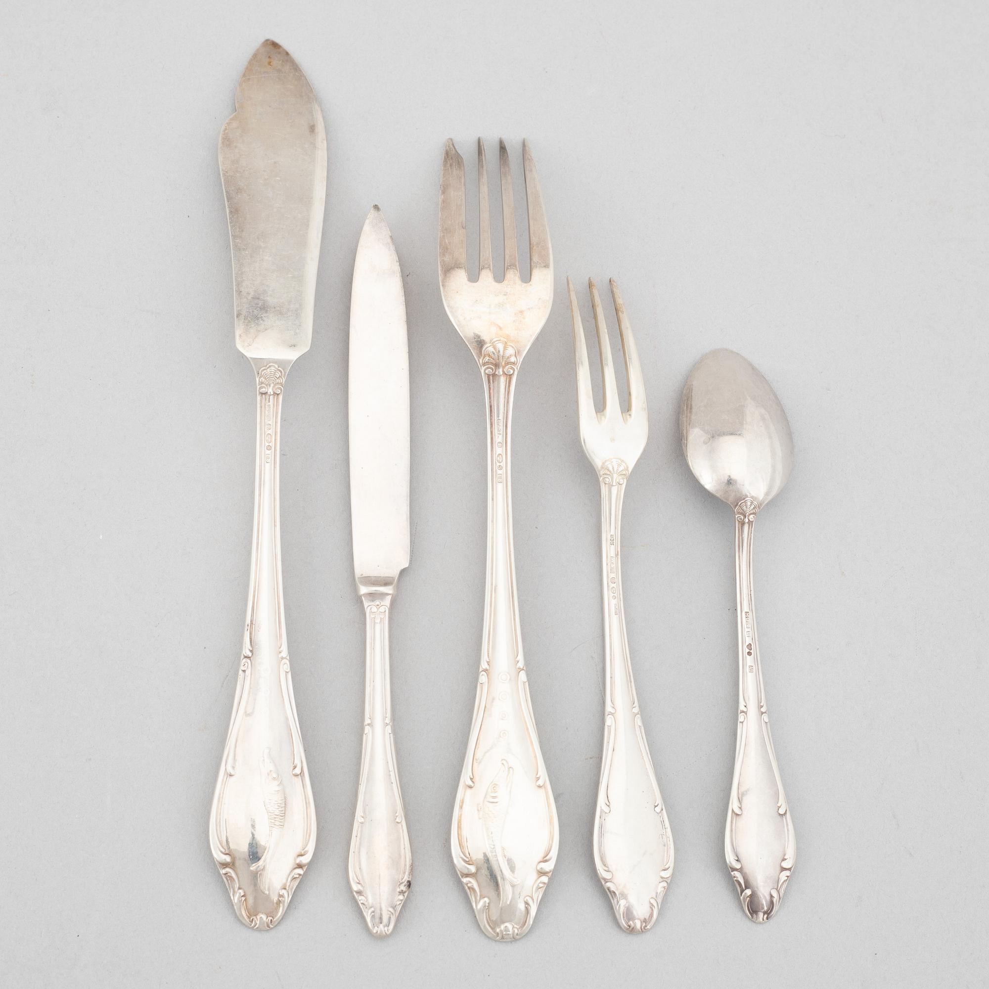 Bestickuppsättning, 63 delar, silver, "Märtha", MGAB, Uppsala, samt Wallin & Thorsen, Borås, bl a 1935.