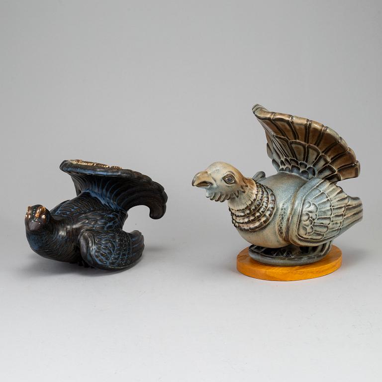 GUNNAR NYLUND, two capercaille stoneware figurines, Rörstrand, Sweden.