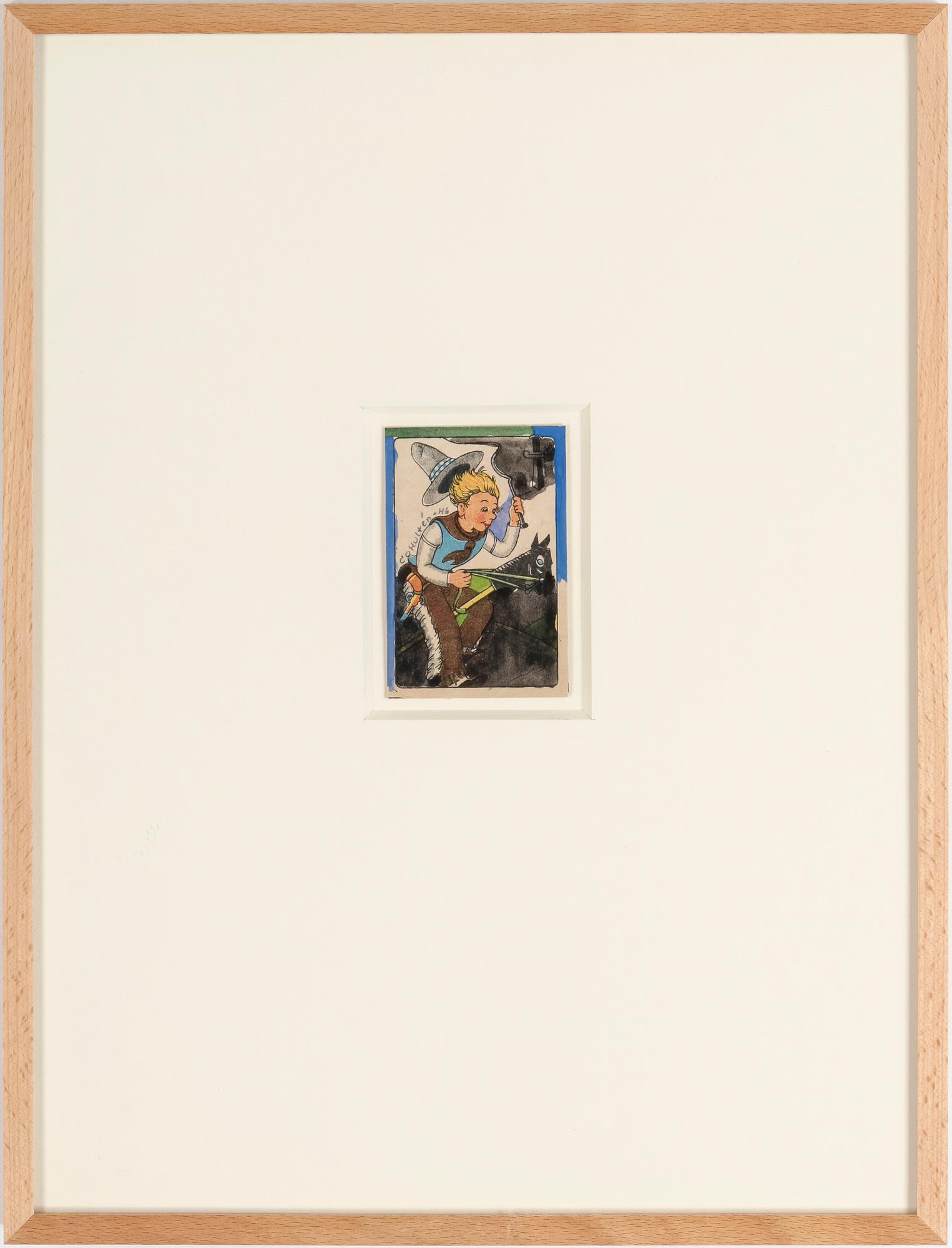 CARL OTTO HULTÉN, collage på spelkort. Signerad och daterad 1946.