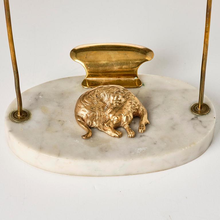 A late-Gustavian ormolu, tole-peinte and marble two-light reading light, Stockholm, late 18th century.