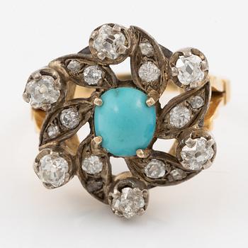 Ring 18K gold and silver with a turquoise and old-cut diamonds.