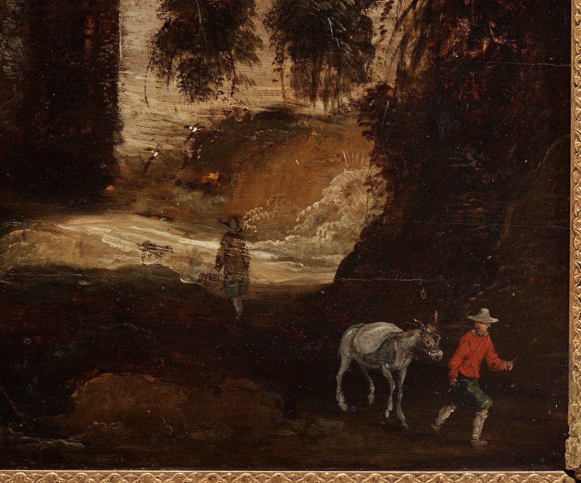 Unknown artist 17/18th Century. River landscape with buildings along the beaches.