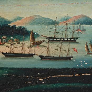 A oil painting of Whampoa Anchorage, Chinese School, Qing dynasty, 19th Century.