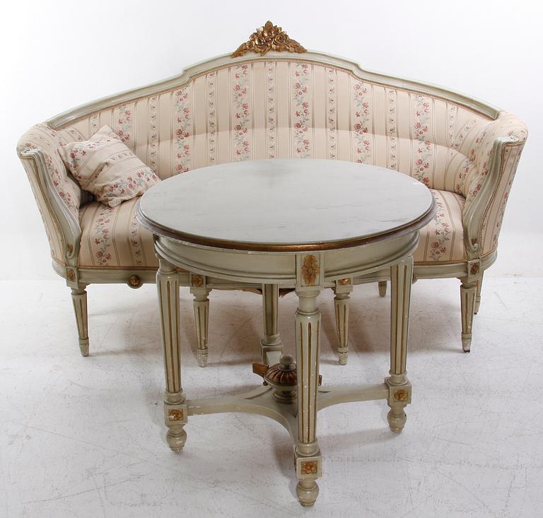 SOFFA SAMT SALONGSBORD, gustaviansk stil, 1900-tal.