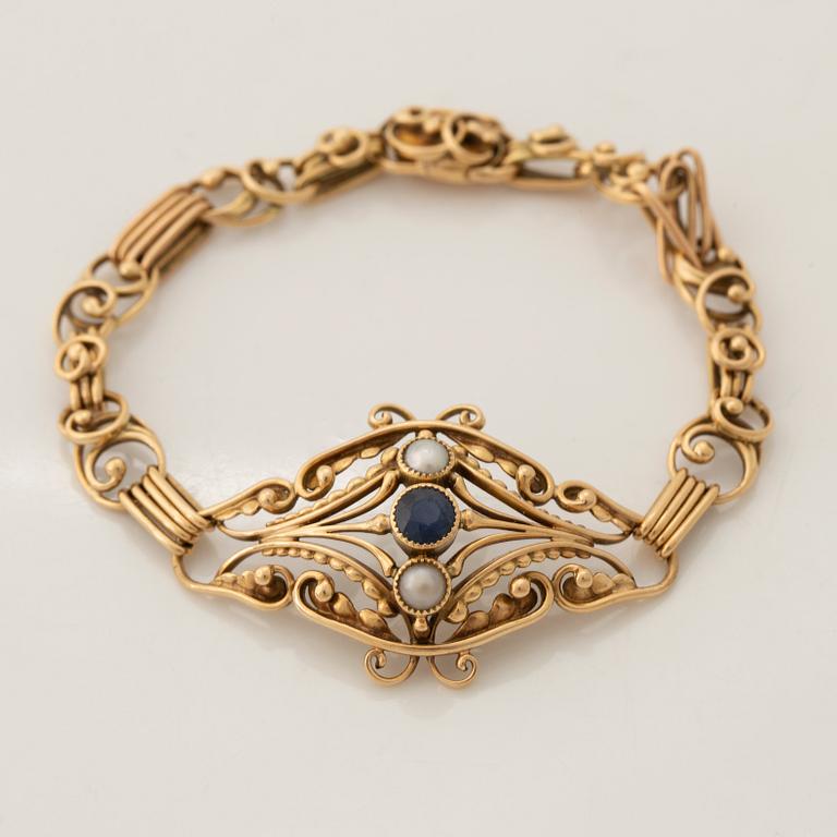Gold, pearl and sapphire bracelet.
