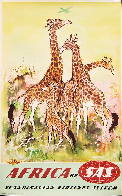 Otto Nielsen, affisch 'Africa by SAS Scandinavian Airlines Systems', omkring 1958.