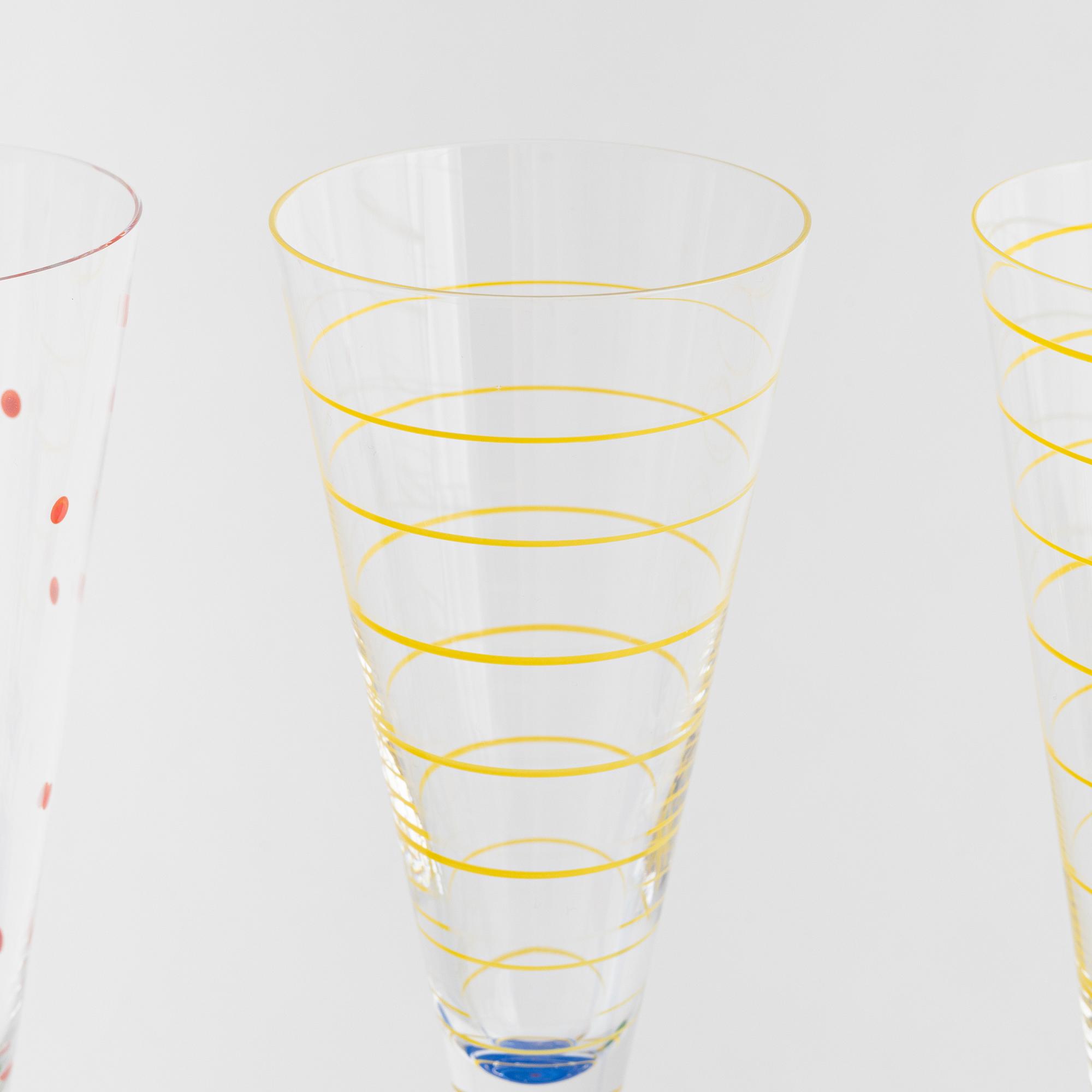 Anne Nilsson, four 'Clown' champagne glasses, Orrefors, Sweden.