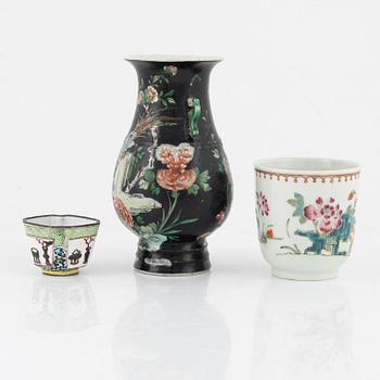 Vase, cup, and wine cup, 3 pieces, China, including Qianlong (1736-95).