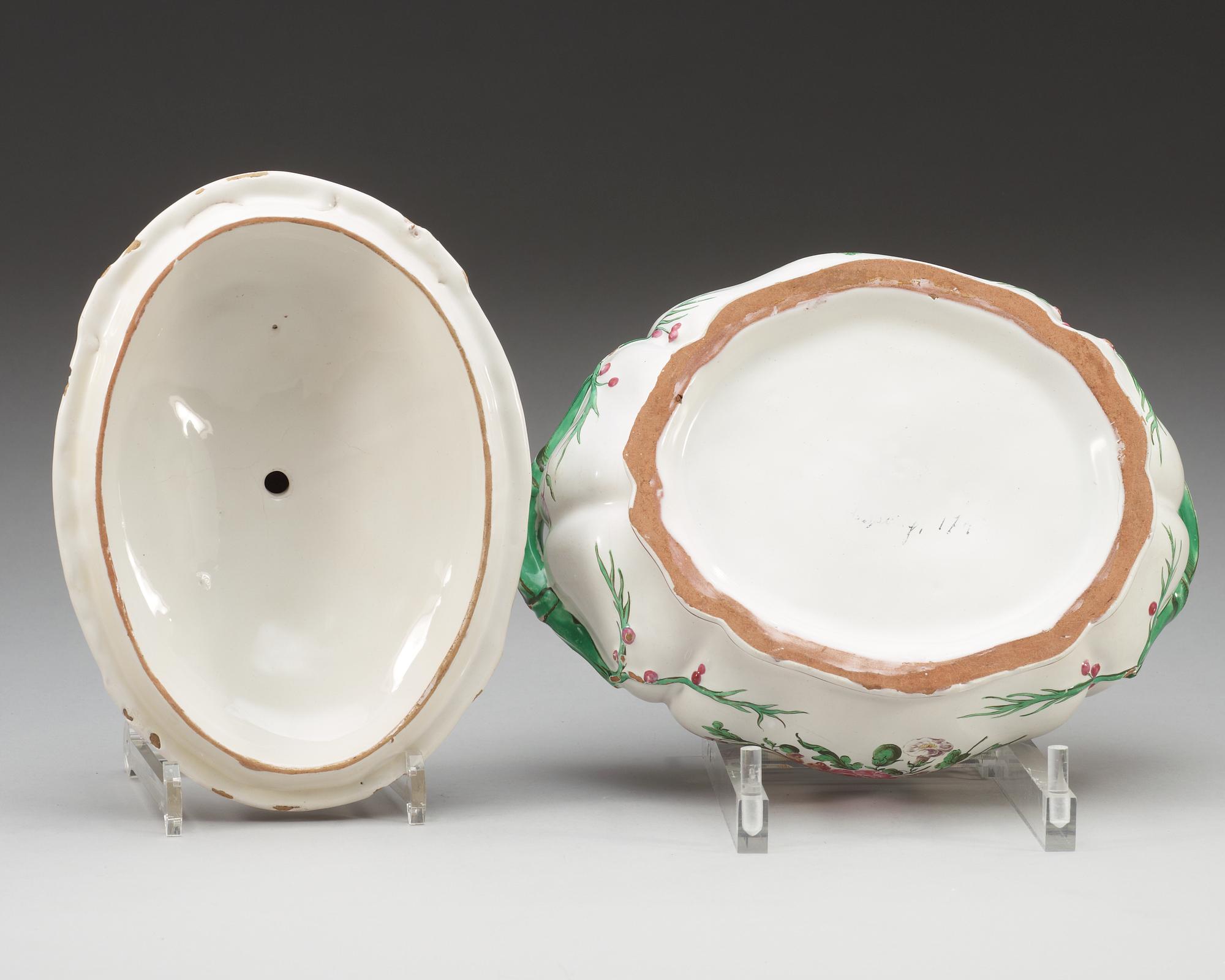 An unmarked faience tureen with cover, 18th Century.