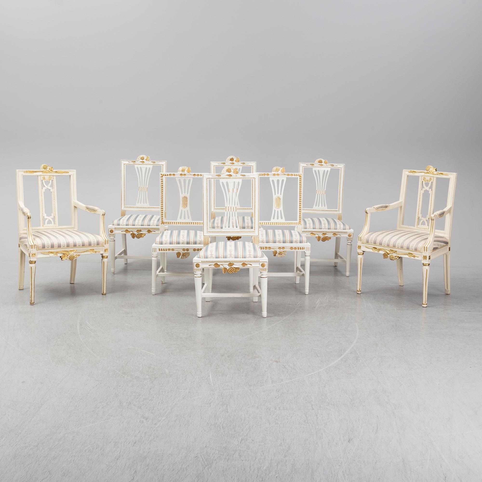 STOLAR 6 st (4+2) och KARMSTOLAR ett par, gustavianska, Lindome, sent 1700-tal.