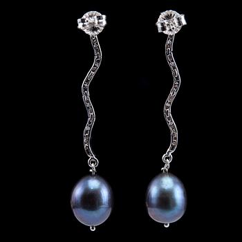 A PAIR OF EARRINGS, 28 brilliant cut diamonds 0.12 ct. Cultivated drop-shaped blue pearls 10 mm.