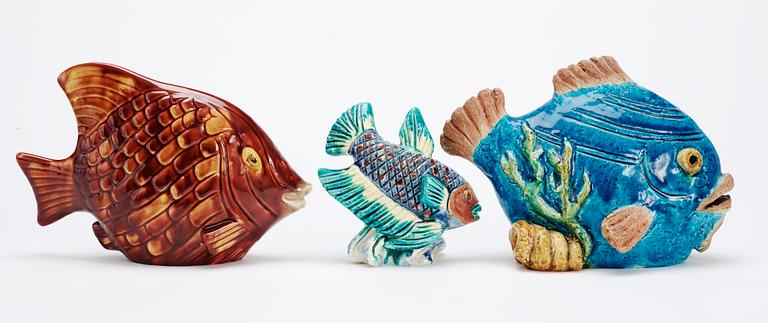 Three Gunnar Nylund stoneware figures of fishes, Rörstrand.