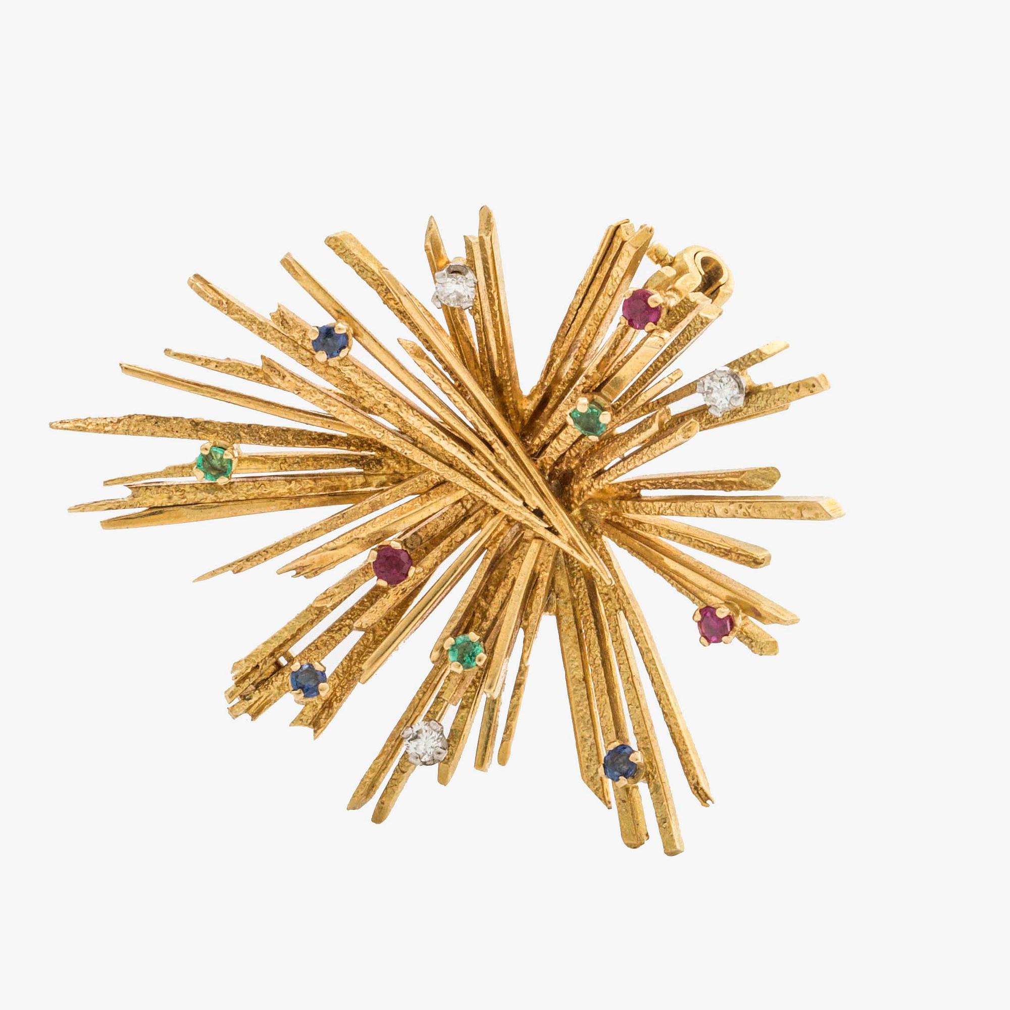 BROSCH, 18K guld, 3 briljanter ca 0,10 ct totalt, 3 smaragder, 3  rubiner och 3 safirer.