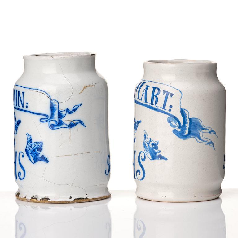 Two Swedish faience aphotecary jars, Marieberg, period of Ehrenreich and Rörstrand 18th Century.