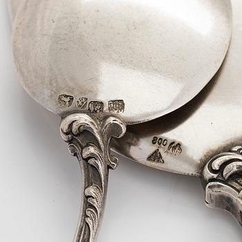Glasskedar, 9 st, och serveringsspade, silver, Tyskland 1900-talets första hälft.