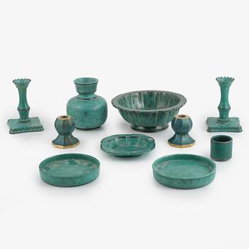 Wilhelm Kåge and Josef Ekberg, ten pieces of green glazed stoneware, Sweden, mid 20th century.