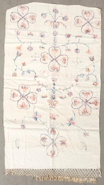 Embroidered textile dated 1805, linen, approximately 135x74 cm.