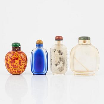 Ten snuff bottles, stone, glass and cloisonné, China, 20th century.