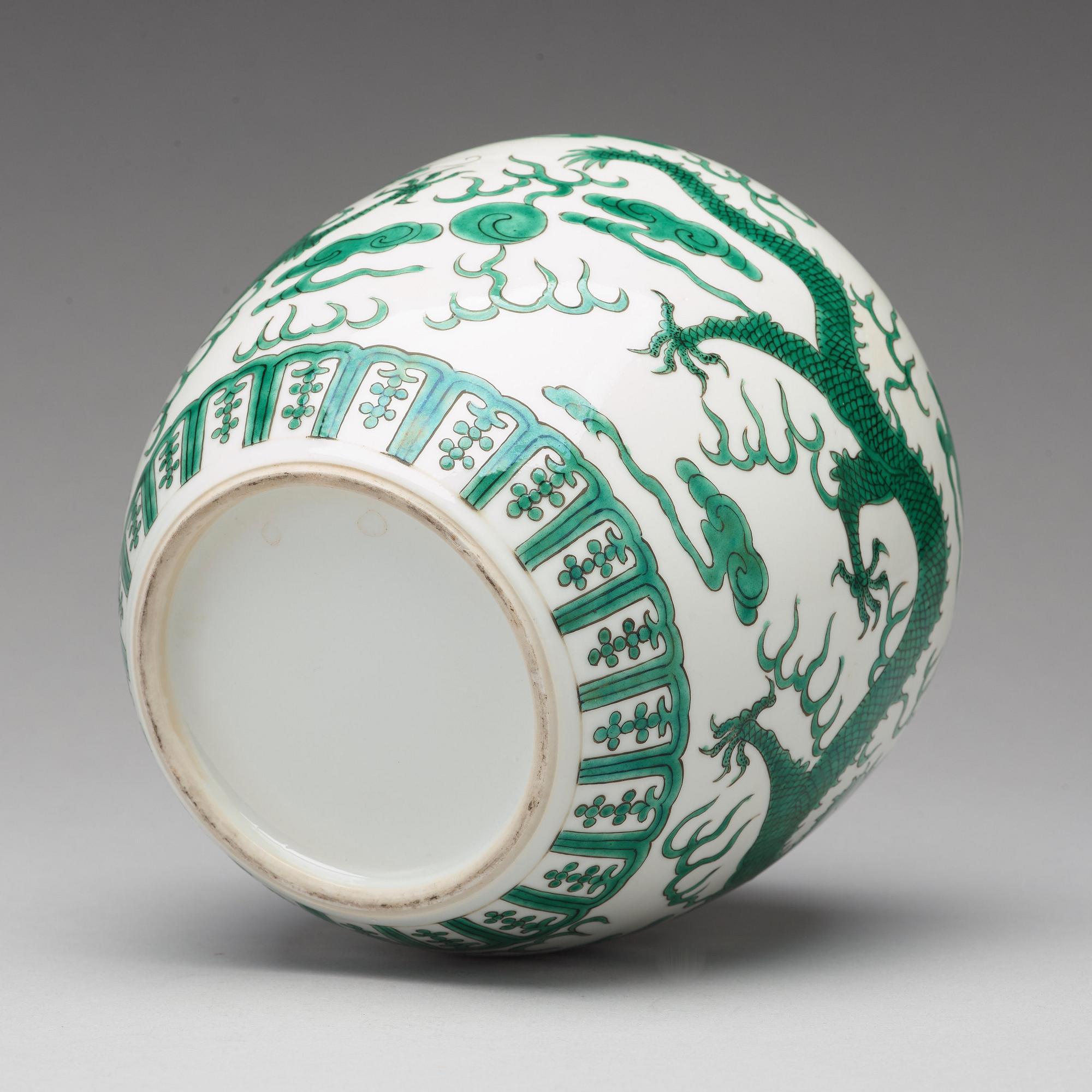 A green enamelled dragon jar, China, circa 1900.