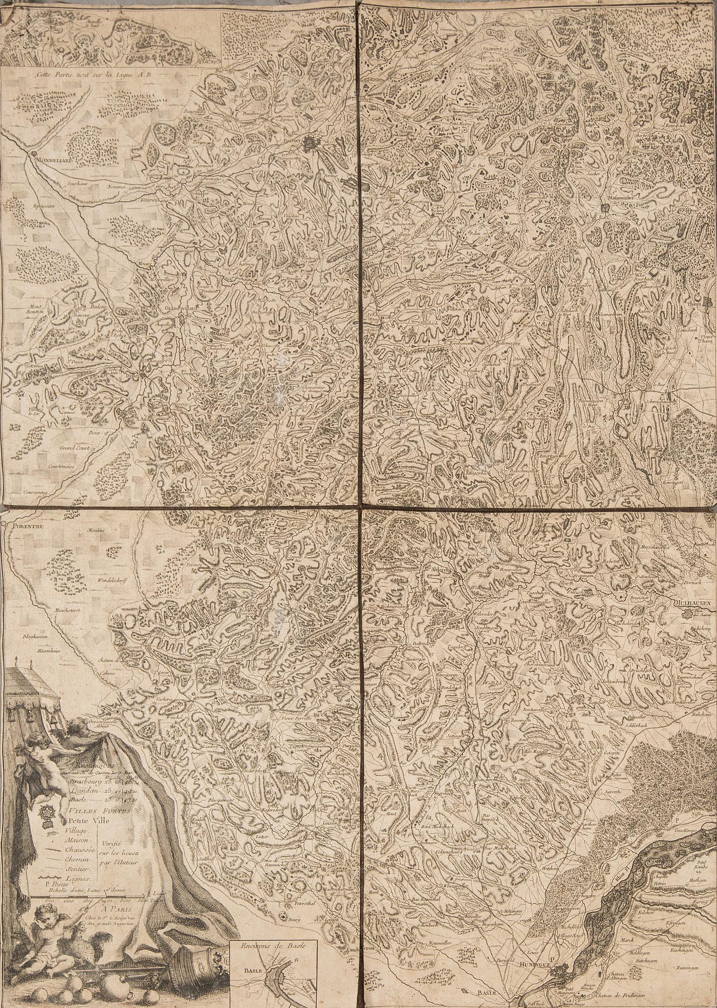 KARTA, Rhendalen, "Le Cours du Rhin de bale", le Rouge, Paris 1745, kopparstick.