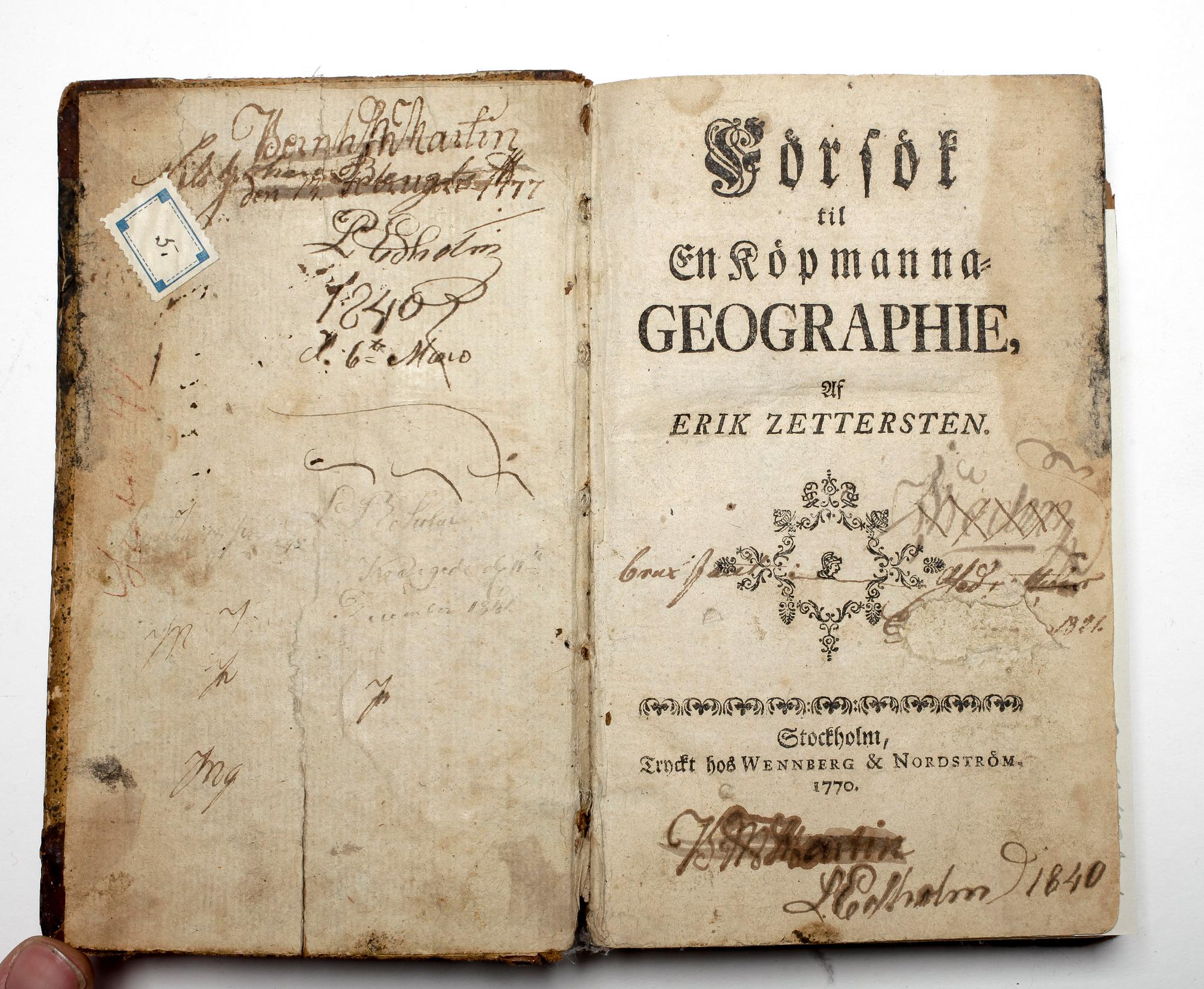 BOK, "Försök til en köpmanna-geographie", Erik Zettersten, Stockholm, Wennberg & Nordström, 1770.