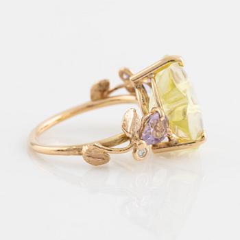 Carved lime quartz, amethyst and diamond flower ring.