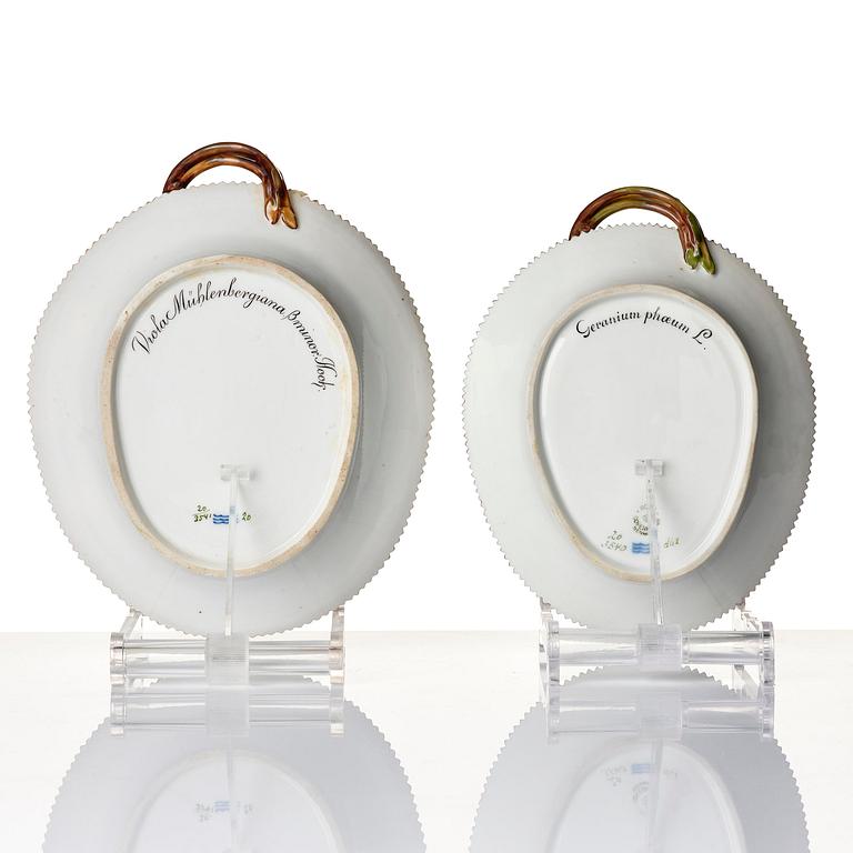 Two Royal Copenhagen 'Flora Danica' leaf shaped dishes, Denmark, 20th century.