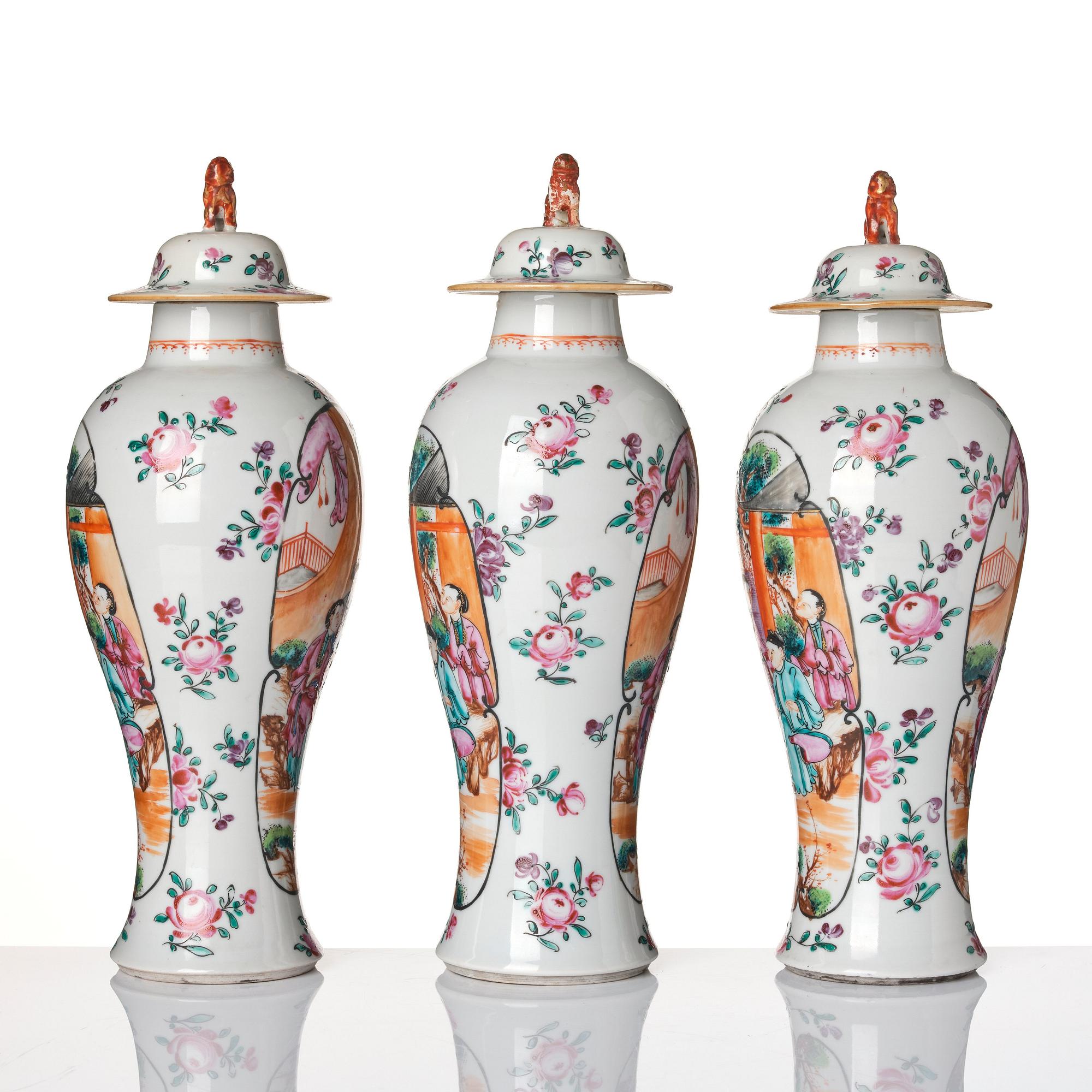 A three-piece famille rose garniture, Qing dynasty, Qianlong (1736-95).