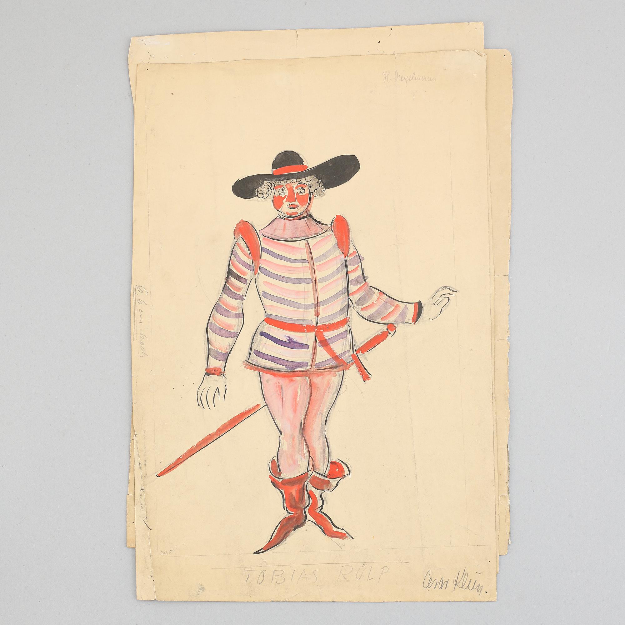 Seven costume sketches by César klein from Shakespears Twelfth Night, signed.