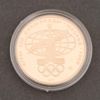 A Soviet 100 Roubles 1980 Moscow XXII Olympics Gold Coin, 1977.