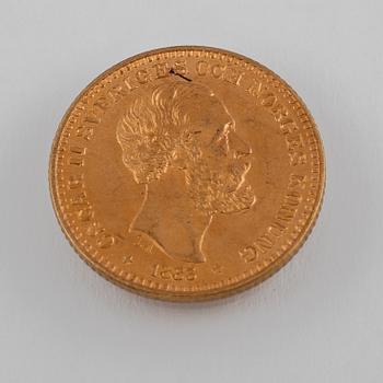 GULDMYNT, 10 kr, Oscar II, 1883. Vikt ca 4 gram.