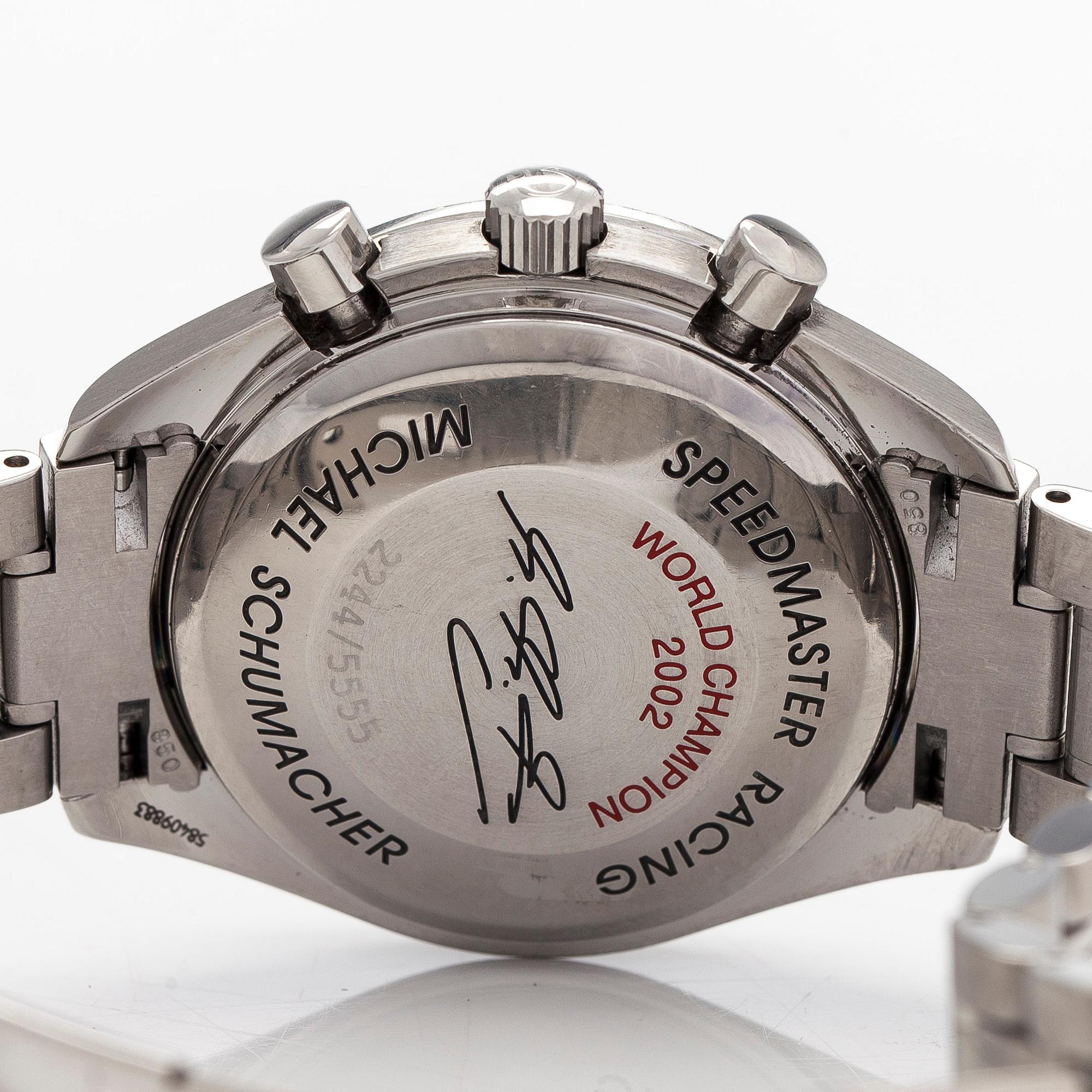 Omega, Speedmaster, Racing, Triple Date, "Michael Schumacher World Champion 2002", chronograph, wristwatch, 39 mm.