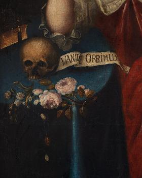 Vanitas med silverföremål, musikinstrument och döskalle.